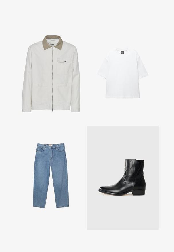 Vaaleanbeige takki, jossa on taustaltaan erilainen ruskea kaulus. Varustettu edessä vetoketjulla, kahdella etutaskulla ja sileällä, teksturoidulla kankaalla.; Valkoinen lyhythihainen T-paita, joka on valmistettu puuvillasta. Paita on pyöreäkauluksinen, väljästi leikattu ja suorahelmainen. Ei kuvioita eikä koristeita.; Vaaleansiniset farkut suoranlahkeisella leikkauksella, viiden taskun suunnittelulla ja näkyvällä merkkilapulla vyötäröllä.; Mustat nahkasaappaat nilkkapituiset, joissa on terävä kärki, koristeelliset ompeleet ja matala paksu korko. Sileä pinta hienovaraisilla muotoiluaksenteilla.