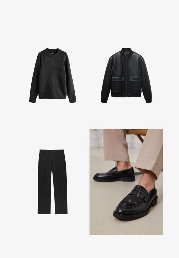 Czarna skórzana kurtka bombowca z zamkiem z przodu, prążkowanym kołnierzem i dwiema dużymi kieszeniami z przodu. Gładka tekstura i luźny krój.; Ciemnoszary sweter, wykonany z teksturowanej mieszanki wełny, z okrągłym dekoltem, długimi rękawami oraz ribbowanymi mankietami i dół. Prosty design.; Czarne spodnie o prostym kroju, wykonane z gładkiego materiału. Posiadają zakładki z przodu i pojedyncze zapięcie na guziki w pasie.; Czarne skórzane mokasyny o gładkim wykończeniu, z dekoracyjnym paskiem i kontrastowym szwem, w połączeniu z beżowymi spodniami.