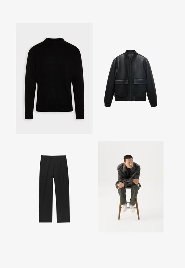 Giubbotto bomber in pelle nera con zip frontale, colletto a coste e due grandi tasche anteriori. Texture liscia e vestibilità rilassata.; Maglione nero in maglia con un collo alto rigato. Maniche lunghe e polsini e orlo rigati. Texture liscia con un design semplice e classico.; Pantaloni neri con un design a gamba dritta, realizzati in un tessuto liscio. Presentano pieghe frontali e una chiusura a un bottone in vita.; Giacca di pelle marrone con un ampio colletto, abbinata a jeans verde scuro e sneaker bianche. Il modello è seduto su uno sgabello di legno.