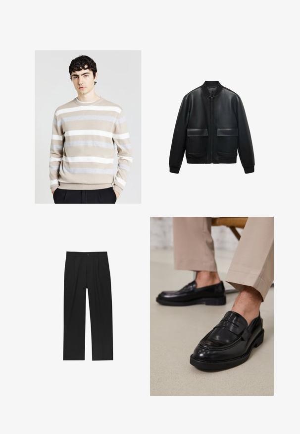 Schwarze Lederbomberjacke mit Reißverschluss vorne, geripptem Kragen und zwei großen Fronttaschen. Glatte Textur und lockere Passform.; Gestreifter Pullover für Herren in Beige, Grau und Weiß. Weicher Stoff, runder Ausschnitt und gerippte Bündchen. Horizontale Streifen variieren in der Breite.; Schwarze Hose mit geradem Schnitt, aus einem glatten Stoff gefertigt. Verfügt über Vorderfalten und einen einzelnen Knopfverschluss an der Taille.; Schwarze Lederloafers mit glatter Oberfläche, ausgestattet mit einem dekorativen Riemen und Kontrastnähten, kombiniert mit beigen Hosen.
