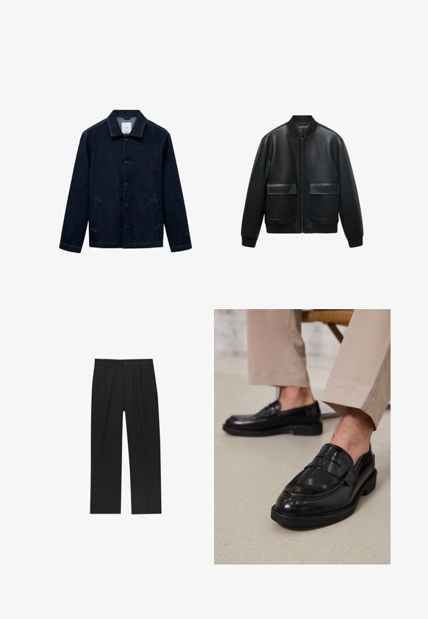 Schwarze Lederbomberjacke mit Reißverschluss vorne, geripptem Kragen und zwei großen Fronttaschen. Glatte Textur und lockere Passform.; Dunkelblaue Jeansjacke mit Kragen, Knopfleiste, zwei seitlichen Taschen und geradem Saum. Texturiertes Material mit klassischem, lässigem Design.; Schwarze Hose mit geradem Schnitt, aus einem glatten Stoff gefertigt. Verfügt über Vorderfalten und einen einzelnen Knopfverschluss an der Taille.; Schwarze Lederloafers mit glatter Oberfläche, ausgestattet mit einem dekorativen Riemen und Kontrastnähten, kombiniert mit beigen Hosen.