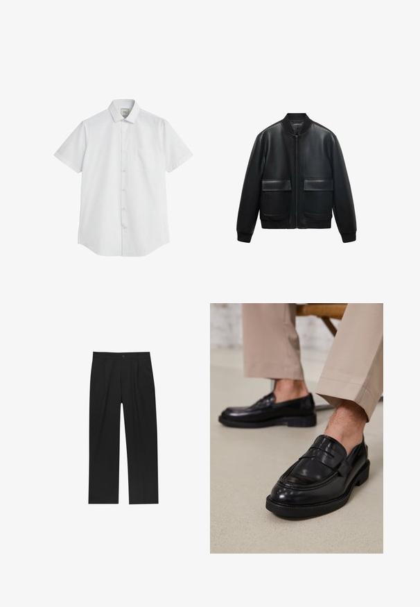 Schwarze Lederbomberjacke mit Reißverschluss vorne, geripptem Kragen und zwei großen Fronttaschen. Glatte Textur und lockere Passform.; Kurzarmhemd aus Baumwollmix in Weiß, mit einem spitzen Kragen, sieben Knöpfen und einer Brusttasche. Glatte Textur mit klassischer Passform.; Schwarze Hose mit geradem Schnitt, aus einem glatten Stoff gefertigt. Verfügt über Vorderfalten und einen einzelnen Knopfverschluss an der Taille.; Schwarze Lederloafers mit glatter Oberfläche, ausgestattet mit einem dekorativen Riemen und Kontrastnähten, kombiniert mit beigen Hosen.