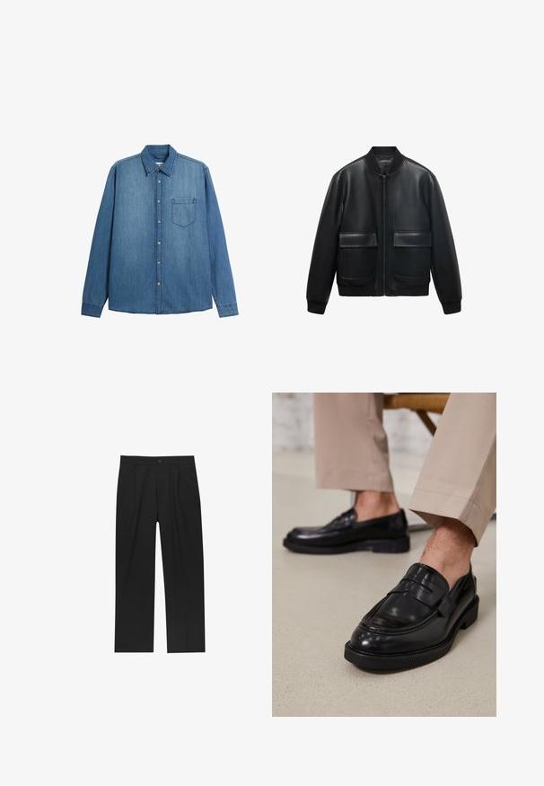 Zwarte leren bomberjack met een ritssluiting aan de voorkant, ribbelkraag en twee grote voorzakken. Soepele textuur en een ontspannen pasvorm.; Lichtblauwe denim overhemd met lange mouwen, knoopsluiting, kraag en een enkele borstzak. Heeft een gladde textuur en een rechte snit.; Zwarte broeken met een recht model, gemaakt van een gladde stof. Voorzien van een voorplooien en een enkele knoopsluiting bij de taille.; Zwarte leren loafers met een gladde afwerking, voorzien van een decoratieve band en contrasterende stiksels, gecombineerd met beige broeken.