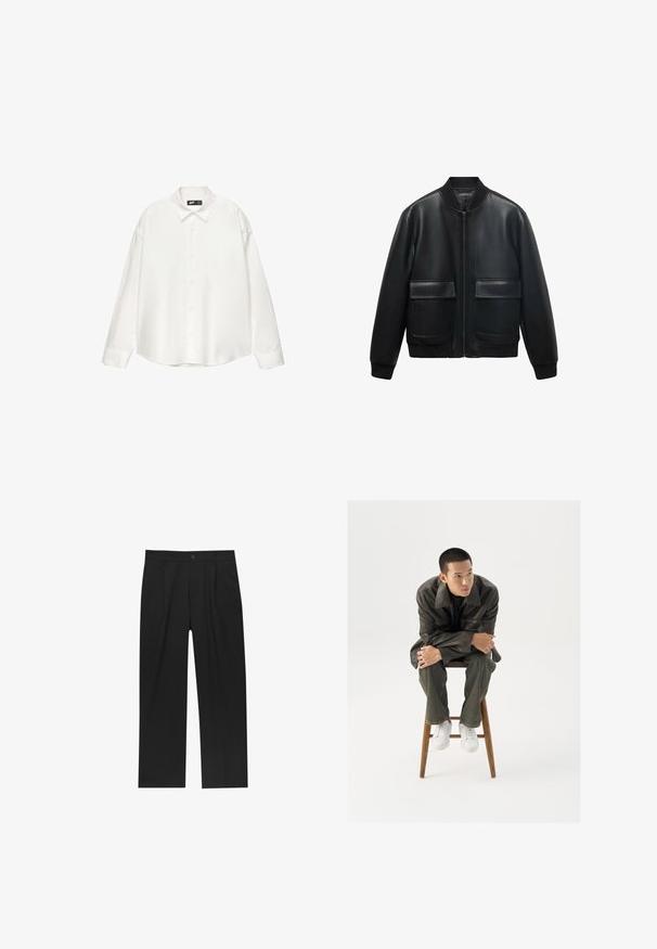 Giubbotto bomber in pelle nera con zip frontale, colletto a coste e due grandi tasche anteriori. Texture liscia e vestibilità rilassata.; Camicia bianca con bottoni realizzata in tessuto morbido, con colletto a punta, maniche lunghe e una silhouette rilassata e squadrata.; Pantaloni neri con un design a gamba dritta, realizzati in un tessuto liscio. Presentano pieghe frontali e una chiusura a un bottone in vita.; Giacca di pelle marrone con un ampio colletto, abbinata a jeans verde scuro e sneaker bianche. Il modello è seduto su uno sgabello di legno.