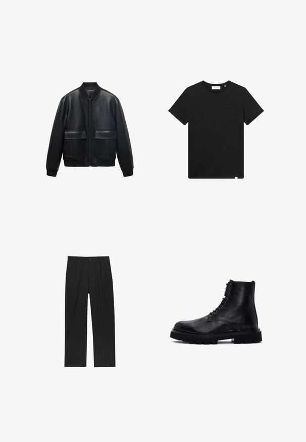 Giubbotto bomber in pelle nera con zip frontale, colletto a coste e due grandi tasche anteriori. Texture liscia e vestibilità rilassata.; T-shirt nera a maniche corte in cotone, con scollatura rotonda e un piccolo logo ricamato sul petto. Tessuto liscio, vestibilità standard.; Pantaloni neri con un design a gamba dritta, realizzati in un tessuto liscio. Presentano pieghe frontali e una chiusura a un bottone in vita.; Stivale alla caviglia in pelle nera con suola spessa e lacci, mostrato in profilo laterale sinistro su uno sfondo bianco.