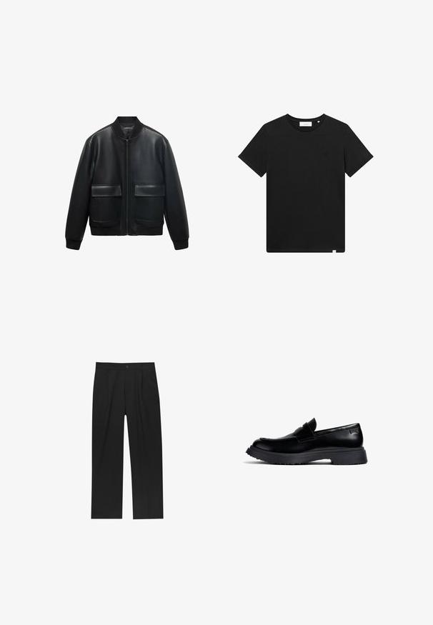 Giubbotto bomber in pelle nera con zip frontale, colletto a coste e due grandi tasche anteriori. Texture liscia e vestibilità rilassata.; T-shirt nera a maniche corte in cotone, con scollatura rotonda e un piccolo logo ricamato sul petto. Tessuto liscio, vestibilità standard.; Pantaloni neri con un design a gamba dritta, realizzati in un tessuto liscio. Presentano pieghe frontali e una chiusura a un bottone in vita.; Mocassino penny in pelle nera con suola in gomma spessa e dettagli del tallone con marchio, mostrato in profilo su uno sfondo bianco.