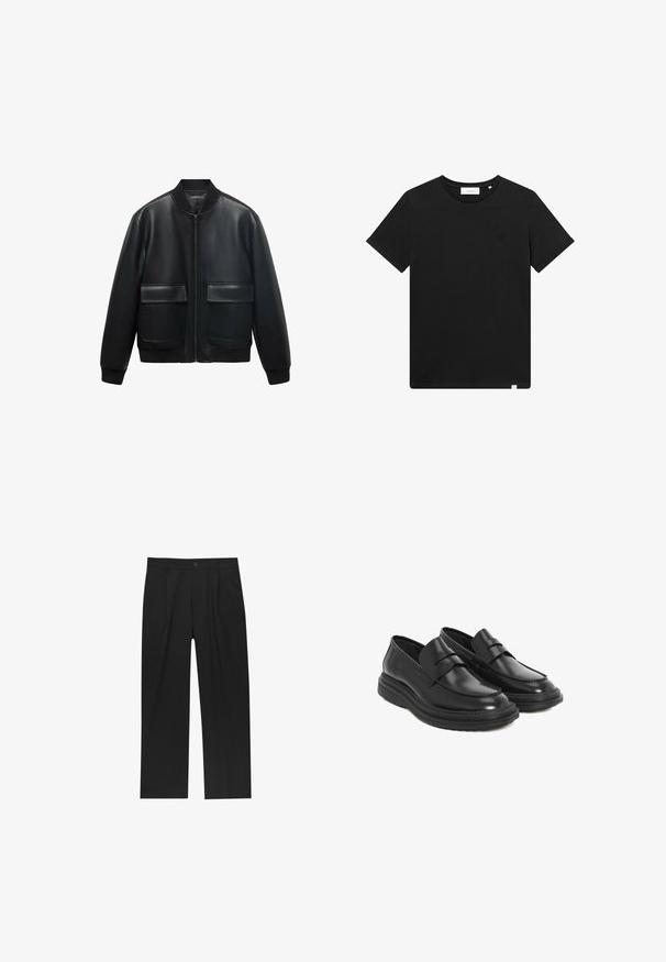 Jachetă de tip bomber din piele neagră, cu fermoar frontal, guler ribbed și două buzunare mari în față. Textură netedă și croială relaxată.; Tricou scurt cu mânecă, de culoare neagră, realizat din bumbac, cu guler tip crew și un mic logo brodat pe piept. Textură netedă, croială standard.; Pantaloni negri cu un design drept, fabricați dintr-un material neted. Au plisse în față și un sistem de închidere cu un singur buton la talie.; Loafers din piele neagră cu vârful rotund, detalii cusute și o talpă din cauciuc cu platformă. Prezintă o curea decorativă peste partea superioară.