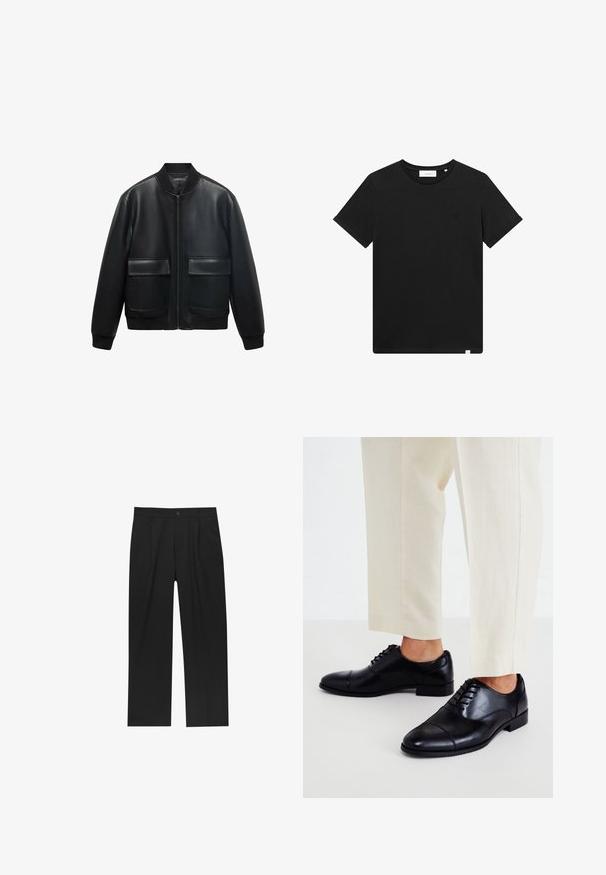 Veste bombardier en cuir noir avec fermeture éclair à l'avant, col côtelé et deux grandes poches avant. Texture lisse et coupe décontractée.; T-shirt noir à manches courtes en coton, avec un col rond et un petit logo brodé sur la poitrine. Texture lisse, coupe standard.; Pantalons noirs au design droit, fabriqués à partir d'un tissu lisse. Dotés de plis sur le devant et d'une fermeture à un bouton à la taille.; Call it Spring CARLISLE - Derbies & Richelieus - black