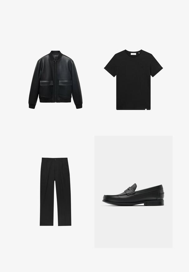Mustaa nahasta valmistettu pommikonejacketti, jossa on vetoketju edessä, ribattu kaulus ja kaksi isoa etutaskua. Sileä pinta ja rento leikkaus.; Lyhythihaine musta T-paita, joka on valmistettu puuvillasta. Paidassa on pyöreä pääntie ja pieni brodeerattu logo rinnassa. Sujuva rakenne, normaali istuvuus.; Mustat housut suoranlahkeisella muotoilulla, valmistettu sileästä kankaasta. Ominaisuuksiin kuuluu etupleateet ja yksi nappikiinnitys vyötäröllä.; Musta nahkaluokka, jossa on pyöristetty kärki, tarkat ompeleet ja matala, neliön muotoinen korko. Sujuva pinta ja minimalistinen muotoilu.