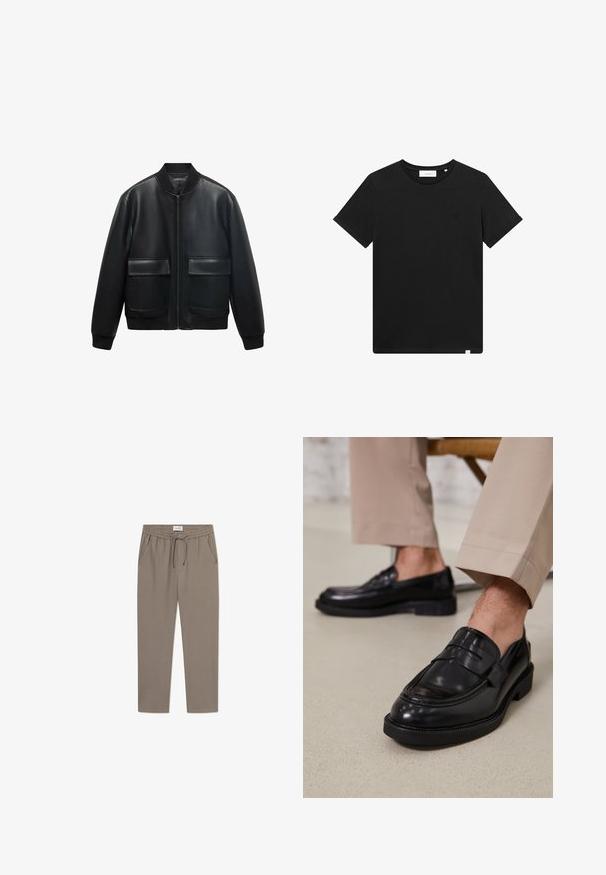 Black leather bomber jacket with a zip front, ribbed collar, and two large front pockets. Smooth texture and relaxed fit.; Black short-sleeve T-shirt made of cotton, featuring a crew neck and a small logo embroidered on the chest. Smooth texture, standard fit.; Gray jogger pants with an elastic waistband, drawstring, and side pockets. Fabric appears smooth with a relaxed fit and tapered legs.; Black leather loafers with a smooth finish, featuring a decorative strap and contrast stitching, paired with beige trousers.