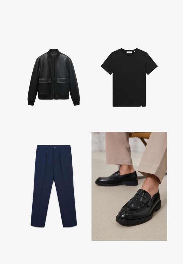 Giubbotto bomber in pelle nera con zip frontale, colletto a coste e due grandi tasche anteriori. Texture liscia e vestibilità rilassata.; T-shirt nera a maniche corte in cotone, con scollatura rotonda e un piccolo logo ricamato sul petto. Tessuto liscio, vestibilità standard.; Pantaloni tailored blu navy con pieghe frontali, tasche laterali, passanti per cintura e chiusura a bottone in vita.; Mocassini in pelle nera con finitura liscia, dotati di una cintura decorativa e cuciture a contrasto, abbinati a pantaloni beige.