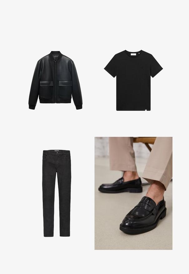 Černá kožená bomber bunda se zipem vpředu, vroubkovaným límcem a dvěma velkými předními kapsami. Hladká textura a uvolněný střih.; Černé tričko s krátkým rukávem vyrobené z bavlny, s kulatým výstřihem a malým vyšitým logem na hrudi. Hladká textura, standardní střih.; Černé džíny z denimu se středně širokým střihem. Mezi vlastnosti patří pět kapes, zapínání na knoflík a jemné prošívání podél švů.; Černé kožené loafers s hladkým povrchem, zdobené páskem a kontrastním prošíváním, spárované s béžovými kalhotami.