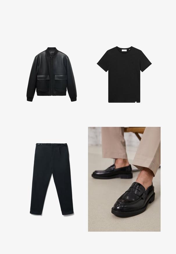Giubbotto bomber in pelle nera con zip frontale, colletto a coste e due grandi tasche anteriori. Texture liscia e vestibilità rilassata.; T-shirt nera a maniche corte in cotone, con scollatura rotonda e un piccolo logo ricamato sul petto. Tessuto liscio, vestibilità standard.; Pantaloni neri a sigaretta con vita regolabile con bottoni, tasche laterali e pieghe sottili, esposti piatti su uno sfondo bianco.; Mocassini in pelle nera con finitura liscia, dotati di una cintura decorativa e cuciture a contrasto, abbinati a pantaloni beige.