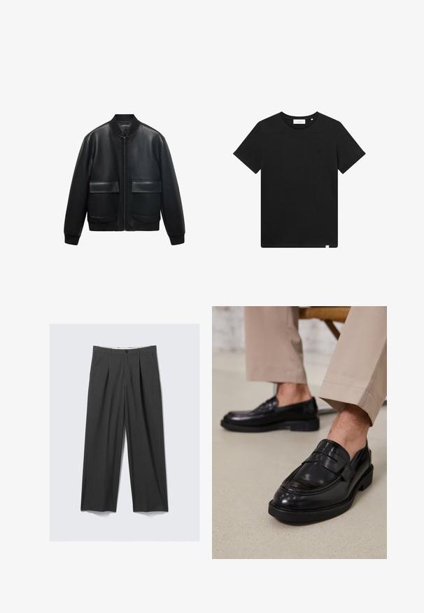 Black leather bomber jacket with a zip front, ribbed collar, and two large front pockets. Smooth texture and relaxed fit.; Black short-sleeve T-shirt made of cotton, featuring a crew neck and a small logo embroidered on the chest. Smooth texture, standard fit.; Gray, wide-leg trousers with pleats. Made from a smooth fabric, featuring a front button closure and belt loops. Flat front design.; Black leather loafers with a smooth finish, featuring a decorative strap and contrast stitching, paired with beige trousers.