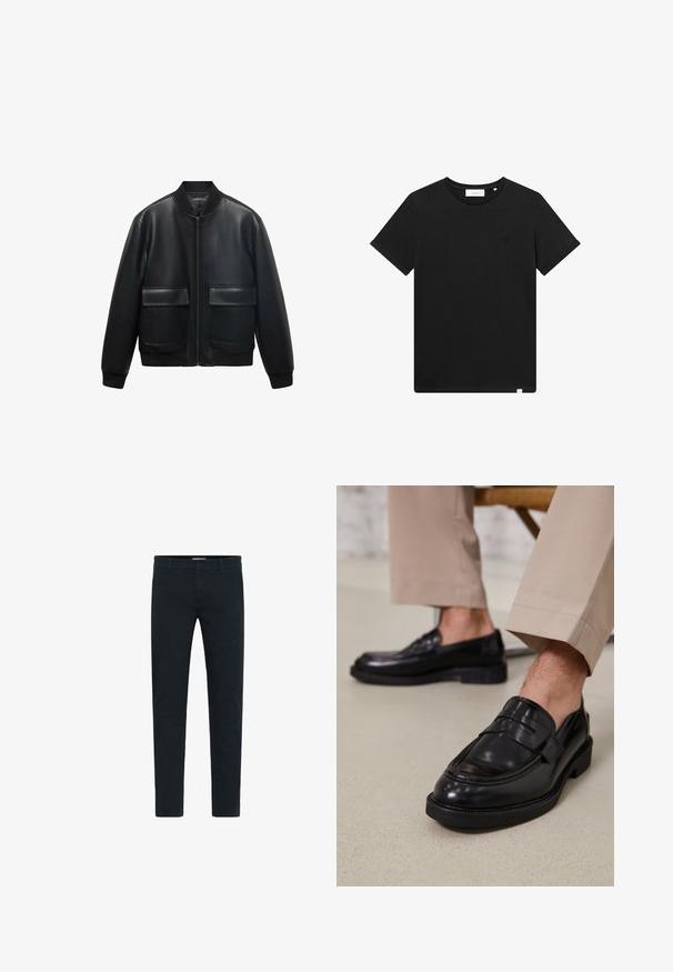 Giubbotto bomber in pelle nera con zip frontale, colletto a coste e due grandi tasche anteriori. Texture liscia e vestibilità rilassata.; T-shirt nera a maniche corte in cotone, con scollatura rotonda e un piccolo logo ricamato sul petto. Tessuto liscio, vestibilità standard.; Pantaloni in cotone neri con vestibilità slim, dotati di chiusura a bottone e cerniera, cinque tasche e una texture liscia. Design semplice senza fantasie.; Mocassini in pelle nera con finitura liscia, dotati di una cintura decorativa e cuciture a contrasto, abbinati a pantaloni beige.