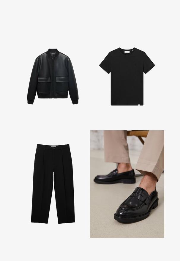 Črna usnjena bomberska jakna z zadrgo spredaj, rebrastim ovratnikom in dvema velikima sprednjima žepoma. Gladko teksturo in sproščen kroj.; Črn kratkolasasti T-majica iz bombaža z okroglim izrezom in majhnim logotipom vezenim na prsih. Gladka tekstura, standardna prileganja.; PULL&BEAR DARTED - Hlače - black; Črne usnjene loafer čevlje z gladko površino, ki imajo okrasno zaponko in kontrastno šivanje, v kombinaciji s bež hlačami.