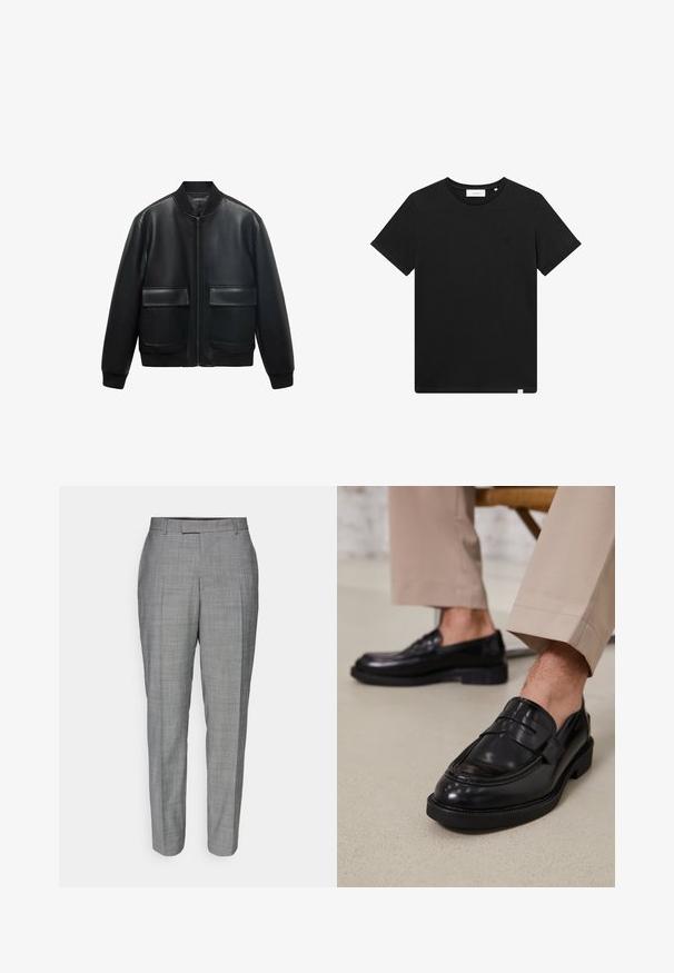 Mustaa nahasta valmistettu pommikonejacketti, jossa on vetoketju edessä, ribattu kaulus ja kaksi isoa etutaskua. Sileä pinta ja rento leikkaus.; Lyhythihaine musta T-paita, joka on valmistettu puuvillasta. Paidassa on pyöreä pääntie ja pieni brodeerattu logo rinnassa. Sujuva rakenne, normaali istuvuus.; Harmaat räätälöidyt housut, joissa on hienovarainen ruutukuosi, suora leikkaus ja sileä pinta, litteä etuosa sekä vyölenkit.; Musta nahkakengät, joissa on sileä pinta, koristetasku ja kontrastisomistus, yhdistettynä vaaleanbeigeihin housuihin.