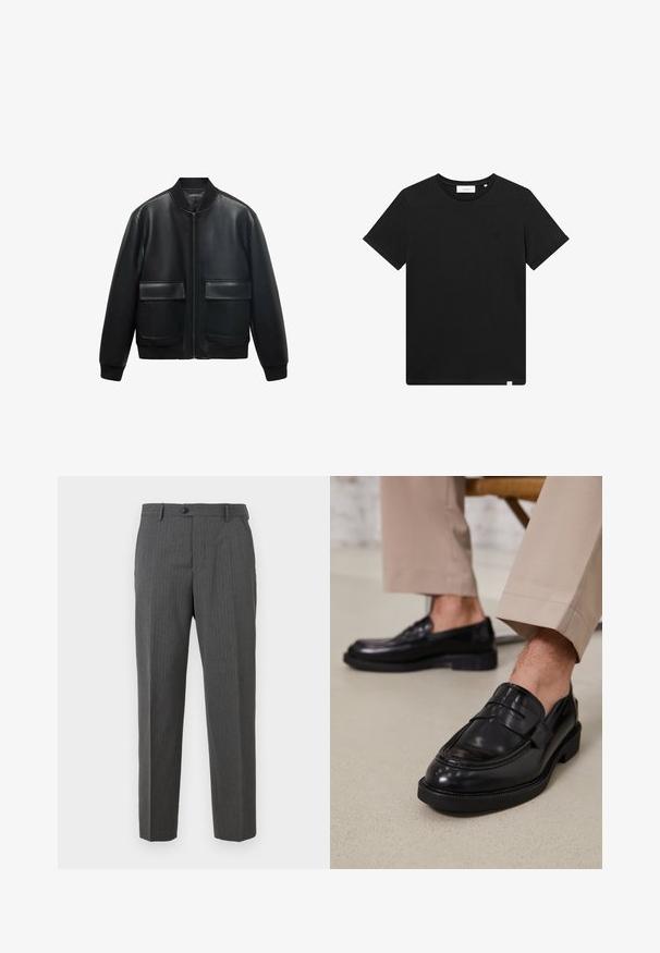 Črna usnjena bomberska jakna z zadrgo spredaj, rebrastim ovratnikom in dvema velikima sprednjima žepoma. Gladko teksturo in sproščen kroj.; Črn kratkolasasti T-majica iz bombaža z okroglim izrezom in majhnim logotipom vezenim na prsih. Gladka tekstura, standardna prileganja.; Moški dolgo hlače v ogljeno sivi barvi s subtilnimi črtami, z gumbom za zapiranje, z okroglimi zankami za pas in ravnim krojem na belem ozadju.; Črne usnjene loafer čevlje z gladko površino, ki imajo okrasno zaponko in kontrastno šivanje, v kombinaciji s bež hlačami.