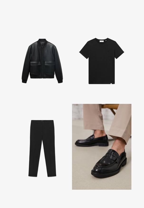 Čierna kožená bombrová bunda so zipsom vpredu, rebrovaným golierom a dvoma veľkými prednými vreckami. Hladká textúra a uvoľnený strih.; Čierne tričko s krátkym rukávom vyrobené z bavlny, s okrúhlym výstrihom a malým logom vyšitým na hrudi. Hladká textúra, štandardný strih.; Čierne nohavice z hladkej látky s priliehavým strihom, plochým predným dielom, dvoma bočnými vreckami a zapínaním na gombík v páse.; Čierne kožené poltopánky s hladkým povrchom, so zdobným remienkom a kontrastným prešívaním, skombinované s béžovými nohavicami.