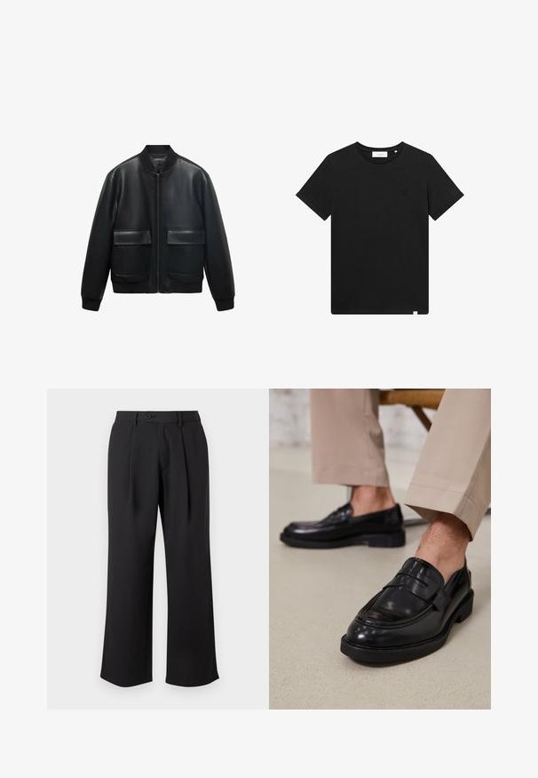 Zwarte leren bomberjack met een ritssluiting aan de voorkant, ribbelkraag en twee grote voorzakken. Soepele textuur en een ontspannen pasvorm.; Zwarte T-shirt met korte mouwen van katoen, met een ronde hals en een klein logo geborduurd op de borst. Soepele textuur, normale pasvorm.; Zwarte wijde broek gemaakt van een gladde stof, met een voorplooien, een knoopsluiting en zijzakken.; Zwarte leren loafers met een gladde afwerking, voorzien van een decoratieve band en contrasterende stiksels, gecombineerd met beige broeken.