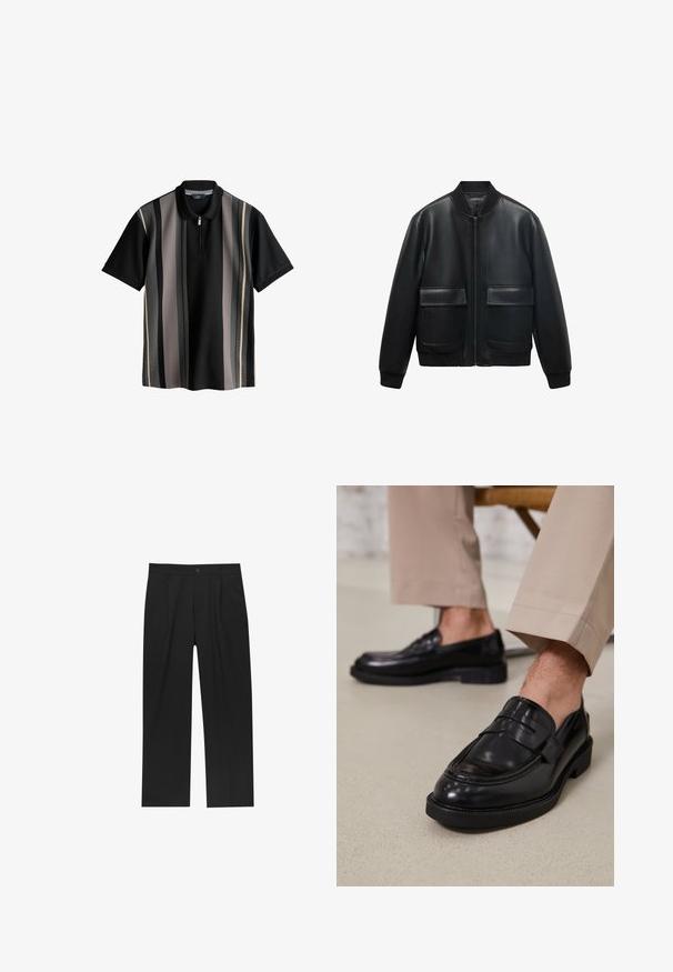 Veste bombardier en cuir noir avec fermeture éclair à l'avant, col côtelé et deux grandes poches avant. Texture lisse et coupe décontractée.; Polo noir avec des rayures verticales en gris, crème et gris foncé. Présente un col zippé et un tissu texturé. Manches courtes.; Pantalons noirs au design droit, fabriqués à partir d'un tissu lisse. Dotés de plis sur le devant et d'une fermeture à un bouton à la taille.; Mocassins en cuir noir avec une finition lisse, ornés d'une sangle décorative et de coutures contrastées, associés à un pantalon beige.