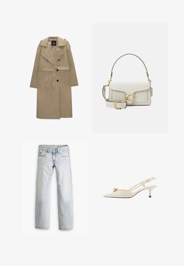 Trench-coat beige en tissu lisse, avec un design à double boutonnage, de grands revers, une ceinture à nouer et deux poches avant.; Chemise blanche à boutons avec un col pointu, des manches longues et un petit logo bleu sur la poitrine gauche. Fabriquée en tissu en coton.; Jean en denim bleu clair avec une coupe décontractée, taille haute et design à cinq poches. Éléments de surpiqûre et fermeture à bouton.; Chaussure slingback de couleur crème avec un bout pointu, de fines brides et un accent doré sur le devant. Présente un talon bas et étroit.; Sac à main en cuir blanc avec un fermoir doré, des accents noirs, une bandoulière amovible, et un design structuré avec un rabat.