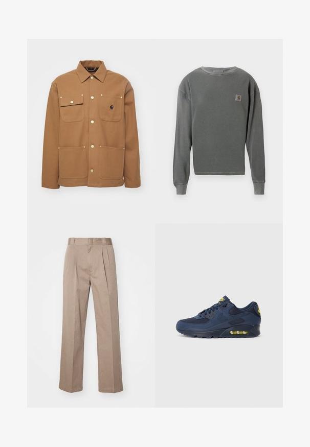 Hnědá bunda vyrobená z husté tkaniny, s límcem, dvěma předními kapsami s klopami a knoflíky v zlatém odstínu. Obsahuje logo nášivku na prsou.; Šedá dlouhá mikina s kulatým výstřihem a žebrovanou texturou, s malou čtvercovou nášivkou na levé hrudi a žebrovanými manžetami.; Beige kalhoty s vysokým pasem a širokým střihem. Obsahují dva přední záhyby a hladkou texturu. Standardní délka s čistým zakončením.; Tmavě modré tenisky Nike Air Max se svrškem z semiše a síťoviny, s žlutými akcenty, šněrováním vpředu a viditelným vzduchovým polstrováním v podrážce.