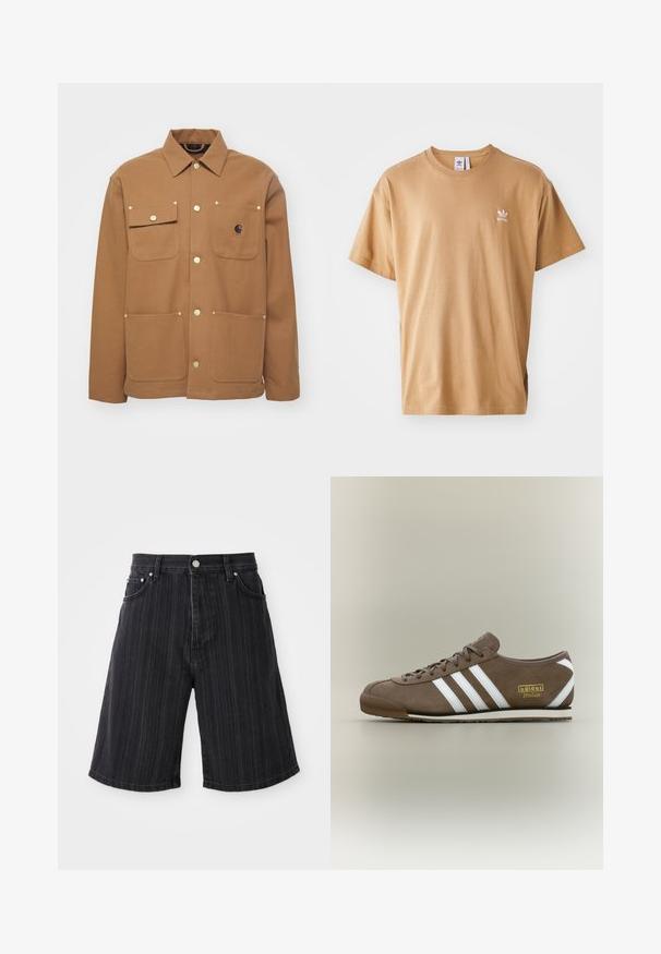 Jachetă maro dintr-un material gros, cu guler, două buzunare frontale cu clapete și nasturi aurii. Include un patch cu logo pe piept.; T-shirt din bumbac maro, cu guler rotund și mâneci scurte. Prezintă un mic logo Adidas alb pe pieptul stâng. Textură moale, croială lejeră.; Scurt denim negru cu picior larg, având dungi verticale, buzunare frontale și detalii din metal.; Pantof sport maro din piele întoarsă cu trei dungi albe, talpă plată din cauciuc, vârf rotund și logo auriu "adidas Italia" pe lateral.