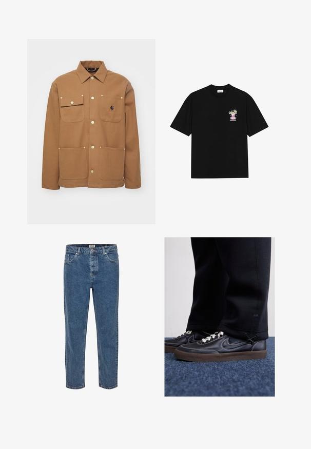 Ruda striukė, pagaminta iš storos medžiagos, su apykakle, dviem priekiniais kišenėmis su uždengimu ir auksinės spalvos mygtukais. Turime logotipo pleistrą ant krūtinės.; Juodo medvilnės marškinėliai su spalvinga grafika kairėje krūtinės pusėje, vaizduojančia meškutį ir stilizuotą tekstą, trumpomis rankovėmis ir apvaliu kaklu.; Mėlyni džinsai su tiesiu kirpimu. Yra penkios kišenės, sagčių uždarymas ir kontrastinga siuvimo detalė. Audinys turi klasikinį apdailos tekstūrą.; Nike Sportswear KILLSHOT 2 LTR PRM OPP2 - Sportbačiai - black sail baroque brown mtlc dk grey