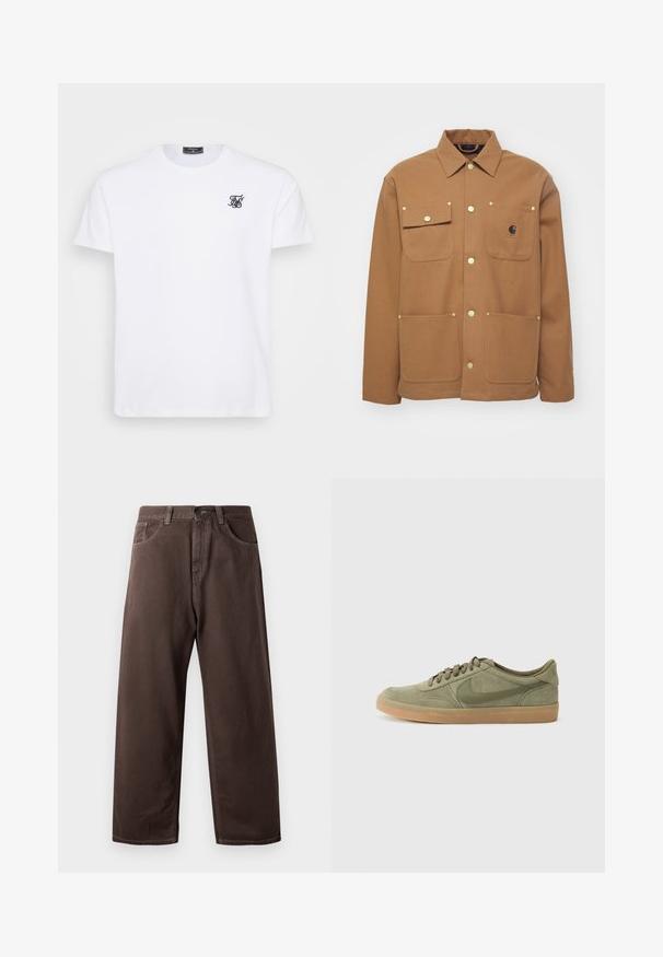 Brun jakke lavet af tyk stof, med krave, to forlommer med klapper og knapper i guldfarve. Inkluderer et logo-patch på brystet.; Hvid bomuld t-shirt med rund halsudskæring. Har et lille sort broderet logo på brystet. Korte ærmer og en lige pasform.; Brune vidde bukser lavet af bomuld, med et klassisk fem-lommers design, lynlås i gylpen og synlige syningsdetaljer.; Grønne nubuck sneakers med gummirubbersål, rund tå og snørebåndsdesign. Har Nikes signaturlogo i en mørkere grøn.