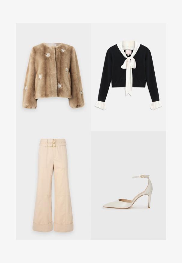 Chaqueta de piel sintética en beige con un diseño corto. Presenta adornos de estrellas plateadas y una textura suave. Sin cierres visibles.; Suéter corto negro de manga larga con cuello blanco adjunto, lazo frontal y puños rizados blancos en las mangas.; Pantalones de pierna ancha beige con cintura alta, que presentan dos hebillas circulares doradas y bolsillos en la parte frontal; tela de algodón lisa con puños enrollados.; Zapato de tacón alto de cuero blanco con punta afilada, correa en el tobillo y un delgado tacón de aguja. Textura lisa con un sutil acabado brillante.
