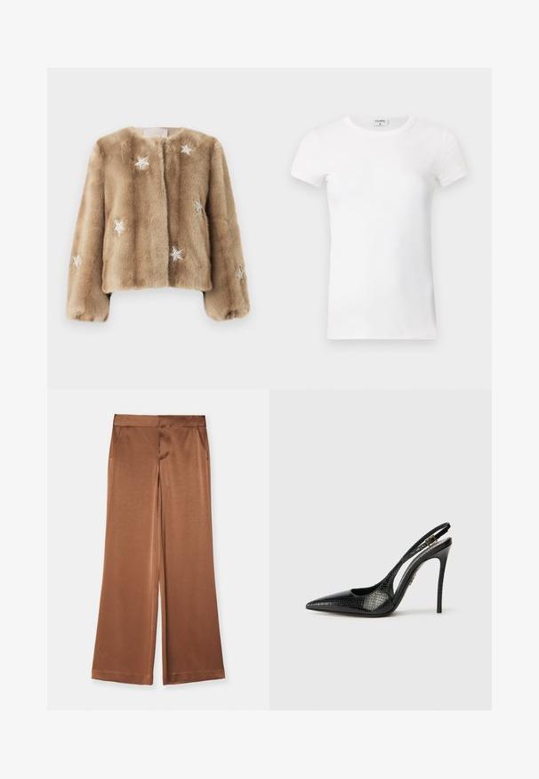Faux fur jacket in beige with a cropped design. Features silver star embellishments and soft texture. No visible fastenings.; White ribbed short-sleeve T-shirt with a crew neck. The fabric appears smooth with a fitted silhouette. Branding label visible at the collar.; Brown wide-leg trousers made of satin, featuring side pockets, a smooth texture, and a tailored waistband for a structured fit.; Black slingback pump with a pointed toe, textured snake pattern, stiletto heel, and a decorative buckle on the strap.