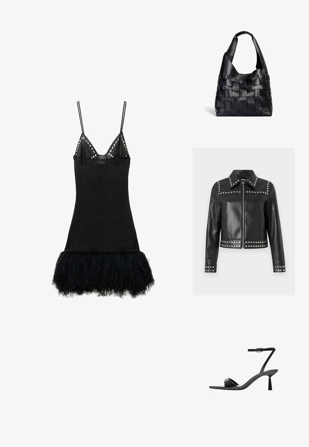 Giubbotto di pelle nera con borchie argentate lungo le spalle, i polsini e l'orlo, con chiusura a zip e design del colletto classico.; Abito nero con top in maglia aderente e spalline sottili, bordatura in pizzo e orlo in pelliccia nera a strati per aggiungere texture e dettagli.; Bershka Sandali con tacco - black; Borsa a spalla in pelle nera intrecciata con una forma morbida e ampio manico. Caratterizzata da un design testurizzato e intrecciato con una finitura liscia.
