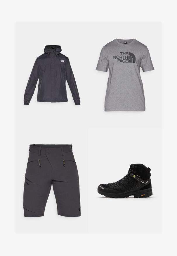 Czarna, lekka kurtka z kapturem, z zamkiem z przodu, elastycznymi mankietami i detalem logo na klatce piersiowej. Wykonana z materiału odpornego na wodę.; Szara krótka koszulka z krótkim rękawem, wykonana z mieszanki bawełny, z czarnym nadrukiem graficznym "THE NORTH FACE" oraz szczegółowym logo w kształcie łuku na przodzie.; Dynafit TRANSALPER czarny; Czarne buty trekkingowe z teksturowaną cholewką, wzmocnionym noskiem i podeszwą Vibram. System sznurowania zawiera haki dla zapewnienia pewnego dopasowania.
