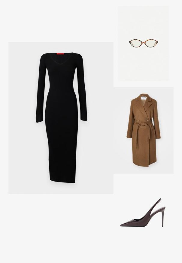 Hnědý kabát z vlny s dvojitým zapínáním, širokými klopami, páskem v pase a dvěma postranními kapsami. Hlazená textura a přizpůsobený střih.; American Vintage VITO - Kardigan - blanc; Černé, žebrované šaty s dlouhým rukávem a výstřihem do V, těsně přiléhající tělo a rovný lem, vyrobené z elastického materiálu pro obepnutou siluetu.; Bordó lakovaná kožená lodička na vysokém podpatku se špičatou špičkou a štíhlým jehlovým podpatkem. Hladká textura a minimalistický design.; Želvovinové brýle s oválnými čočkami a hladkým, jemným povrchem. Má tenké bočnice s jemným zakřivením v chrámcích. Čiré čočky.