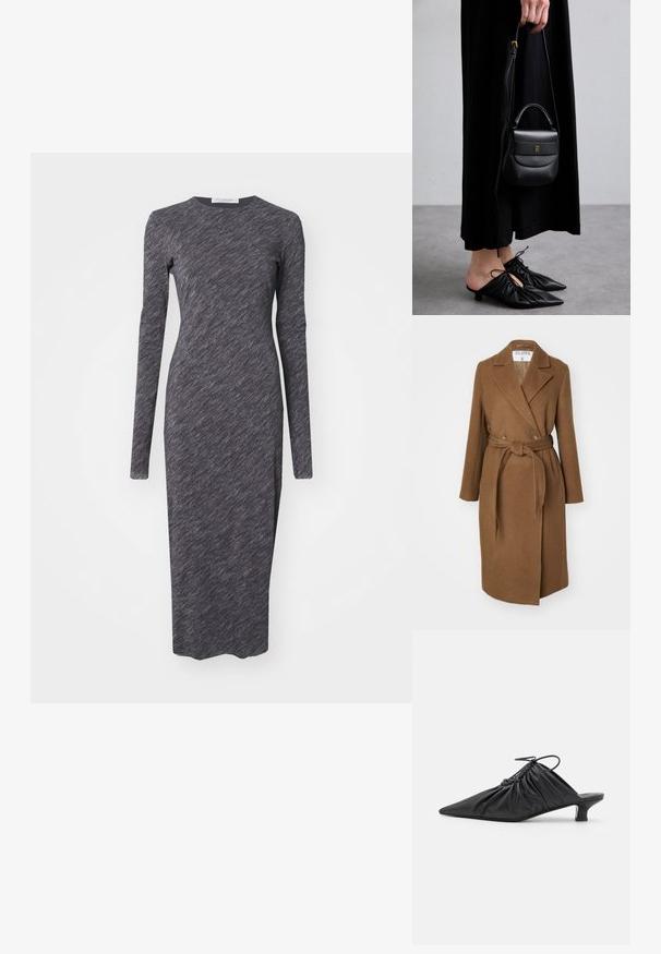 Barna gyapjúkeverék kabát, dupla gombolású dizájnnal, széles hajtókákkal, övvel a deréknál és két oldalsó zsebbel. Sima felület és testre szabott fazon.; Hosszúujjú, kereknyakú ruha sötétszürke színben, texturált anyagból. Szorosabb fazonú, midi hosszúságú, varrás nélküli kialakítás.; Fekete bőr slip-on mules, hegyes orral, gyűrött textúrával és kis kitten sarokkal. Az nyílásnál húzózsinór részlet található.; Kis fekete bőrtáska kerekded formával, felső fogantyúval és levehető pánttal. Fekete szövetruhával és fekete redőzött cipőkkel viselve.