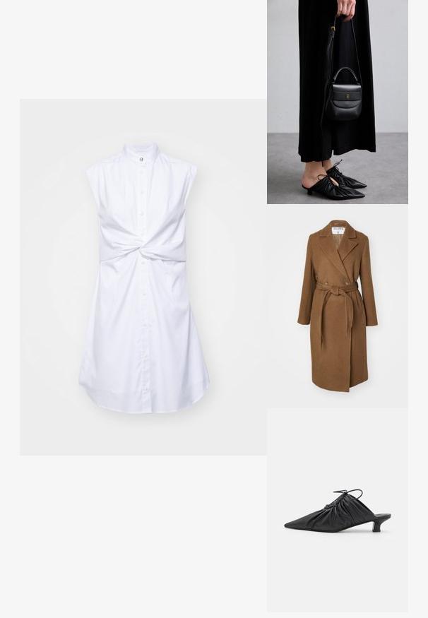 Brūns vilnas maisījuma mētelis ar dubulto pogu slēgšanu, plašiem atloka galiem, jostu viduklī un divām sānu kabatām. Gluda tekstūra un pielāgota piegriezums.; Balta bez piedurknēm kleita ar augstu apkakli, priekšpuses pogu aizdari un mezglu akcentu jostā. Gluda auduma struktūra ar vieglu spīdumu.; Melnas ādas slīdējošās muļas ar piltuves formu, sakopotu tekstūru un mazu kaķu papēdi. Iezīme ir aukliņas detaļa pie atvēruma.; Maza melna ādas rokassoma ar noapaļotu formu, augšējo rokturi un noņemamu siksnu. Valkāta kopā ar melnu auduma kleitu un melniem kroku apaviem.