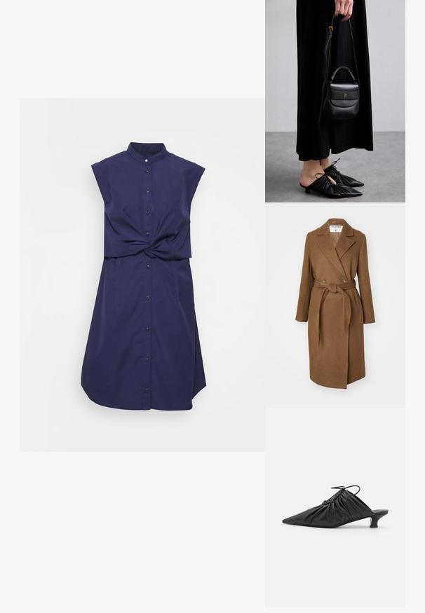 Barna gyapjúkeverék kabát, dupla gombolású dizájnnal, széles hajtókákkal, övvel a deréknál és két oldalsó zsebbel. Sima felület és testre szabott fazon.; rag & bone LOUISA SLEEVELESS DRESS - Ingruha - navy; Fekete bőr slip-on mules, hegyes orral, gyűrött textúrával és kis kitten sarokkal. Az nyílásnál húzózsinór részlet található.; Kis fekete bőrtáska kerekded formával, felső fogantyúval és levehető pánttal. Fekete szövetruhával és fekete redőzött cipőkkel viselve.