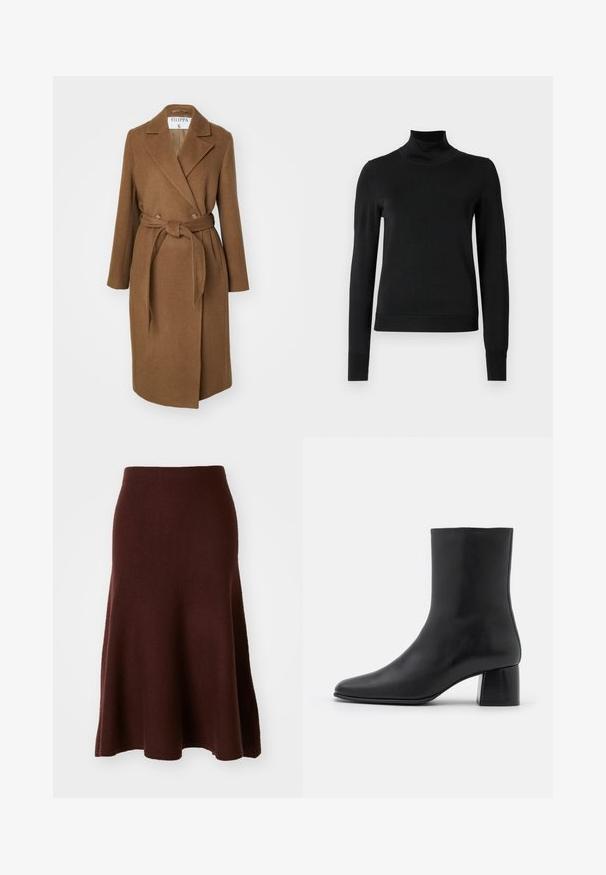 Brown wool blend coat with a double-breasted design, wide lapels, belt at waist, and two side pockets. Smooth texture and tailored fit.; Black long-sleeve turtleneck sweater with ribbed cuffs and hem, displayed on a plain white background.; Brown merino wool skirt, A-line shape, smooth texture, knee-length with a flared hem, minimal seams, suitable for casual wear.; Black leather ankle boot with a pointed toe and a chunky square heel. Smooth texture with a seamless design and minimalistic stitching.
