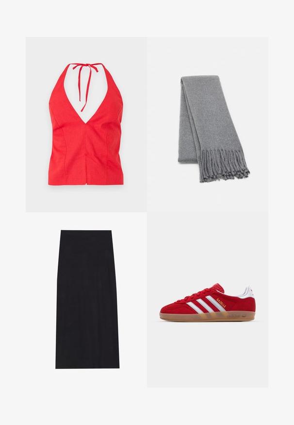 Hnedý kabát z vlnenej zmesi s dvojradovým zapínaním, širokými klopami, opaskom v páse a dvoma bočnými vreckami. Hladká textúra a strih prispôsobený postave.; Tmavosivý sveter s odhalenými plecami, dlhými rukávmi, ribbed výstrihom a textúrovanou pleteninou. Krátky strih.; Červený halter top s hlbokým V výstrihom, vyrobený z textilného materiálu, s viazaným krčným popruhom a priliehavým strihom s predným švom.; Čierna midi sukňa vyrobená z jemného, elastického materiálu. Vyznačuje sa rovnou siluetou a elastickým pásom pre pohodlné nosenie.; Červené semišové tenisky s bielym trojpruhovým dizajnom a zlatým nápisom "Gazelle". Majú gumovú podrážku a štruktúrovaný opätok.; Sivá vlnená šatka s jemnou textúrou, s strapcovými okrajmi a jednoduchým dizajnom. Uložená pekne zložená, ukazujúca svoj predĺžený tvar.