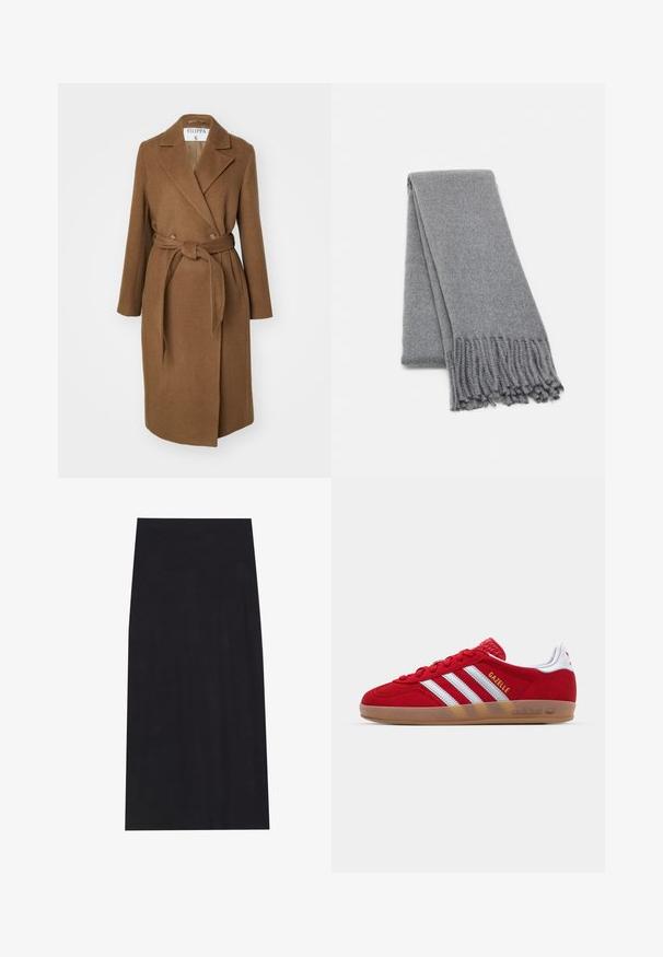 Brauner Wollmischungs-Mantel mit doppelter Knopfleiste, breiten Revers, Gurt in der Taille und zwei seitlichen Taschen. Glatte Textur und taillierter Schnitt.; Dunkelgrauer, schulterfreier Pullover mit langen Ärmeln, geripptem Kragen und strukturiertem Strickstoff. Kürzeres Design.; Schwarzer Midi-Rock aus weichem, dehnbarem Material. Verfügt über eine gerade Silhouette und einen elastischen Bund für eine bequeme Passform.; Rote Wildleder-Sneaker mit weißem Dreistreifen-Design und goldenem "Gazelle"-Schriftzug. Besitzt eine Gummisohle und eine strukturierte Ferse.; Grau gestrickter Wollschal mit einer weichen Textur, mit fransigen Kanten und einem schlichten Design. Ordentlich gefaltet, wobei seine längliche Form zur Geltung kommt.