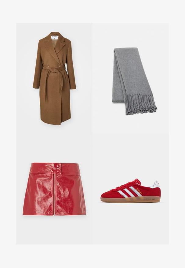 Barna gyapjúkeverék kabát, dupla gombolású dizájnnal, széles hajtókákkal, övvel a deréknál és két oldalsó zsebbel. Sima felület és testre szabott fazon.; Sötétszürke, vállon túl nyúló pulóver hosszú ujjakkal, bordás nyakkivágással és texturált kötött anyaggal. Rövidített fazon.; Piros, fényes mini szoknya elülső cipzárral és két gombbal a deréknál. Sima textúrájú, testhezálló fazon.; Piros velúr sneaker fehér háromcsíkos dizájnnal és arany "Gazelle" felirattal. Gumi talppal és texturált sarokkal rendelkezik.; Szürke gyapjú sál, puha tapintással, rojtos szélekkel és egyszerű dizájnnal. Gondosan hajtogatva, megjelenítve hosszúkás formáját.; Fekete velúr kézitáska bőrkiegészítőkkel, strukturált forma, és két robusztus fogantyú, egy barna kabátot viselő alak által hordva.