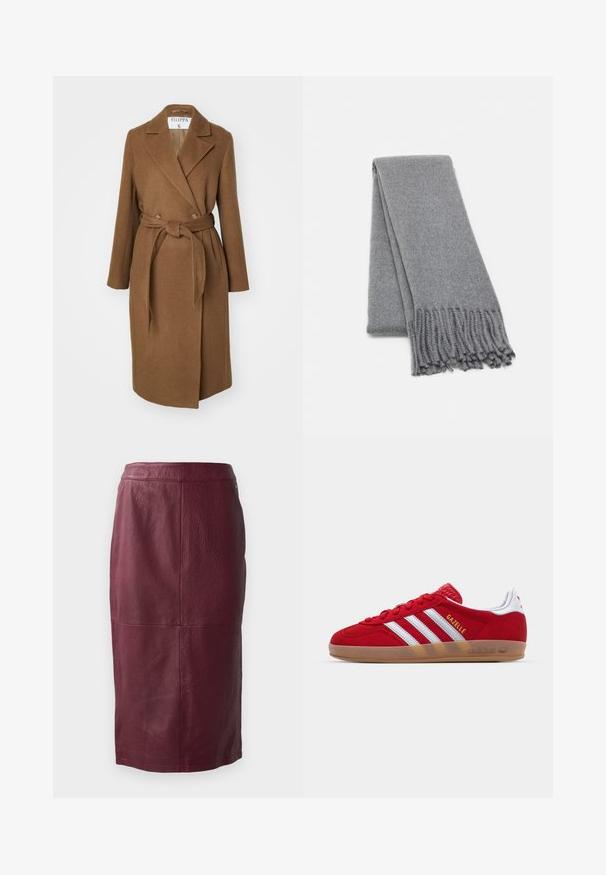 Manteau en mélange de laine marron avec un design croisé, large revers, ceinture à la taille et deux poches latérales. Texture lisse et coupe ajustée.; Pull-over gris foncé à épaules dénudées avec manches longues, col côtelé et tissu en maille texturée. Design court.; Jupe crayon en cuir bordeaux avec une texture lisse, design longueur genoux et détails de couture subtils. Aucune fermeture visible.; Basket en daim rouge avec un design à trois rayures blanches et le texte doré "Gazelle". Comprend une semelle en caoutchouc et un talon texturé.; Écharpe en laine grise avec une texture douce, dotée de bords frangés et d'un design simple. Pliée soigneusement, mettant en valeur sa forme allongée.