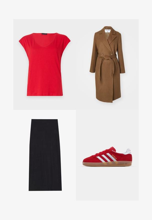 Brown wool blend coat with a double-breasted design, wide lapels, belt at waist, and two side pockets. Smooth texture and tailored fit.; Dark gray off-the-shoulder sweater with long sleeves, ribbed neckline, and textured knit fabric. Cropped design.; Red short-sleeve V-neck T-shirt made of soft fabric. Features a relaxed fit with a smooth texture and clean stitching along the hem.; Black midi skirt made from soft, stretchy fabric. Features a straight silhouette and an elastic waistband for a comfortable fit.; Red suede sneaker with white three-stripe design and gold "Gazelle" text. Features a rubber gum sole and textured heel.
