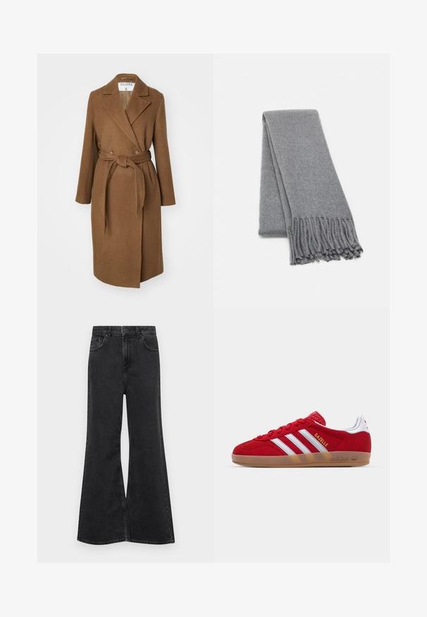 Smeđi kaput od vune s dvostrukim kopčanjem, širokim reverima, pojasom u struku i dva bočna džepa. Glatka tekstura i krojeni fit.; Tamno sivi pulover bez ramena s dugim rukavima, rebrastim izrezom i teksturiranim pletivom. Skraćeni dizajn.; Crne traperice s flared nogavicama i visokim strukom, s pet džepova, suptilnim šavovima i kopčanjem na dugme sprijeda.; Crvene nubuk tenisice s bijelim dizajnom tri pruge i zlatnim natpisom "Gazelle". Sadrže gumeni potplat i teksturiranu petu.; Siva vuna šal s mekom teksturom, s resama na rubovima i jednostavnim dizajnom. Neatno presavijen, ističući svoj izduženi oblik.