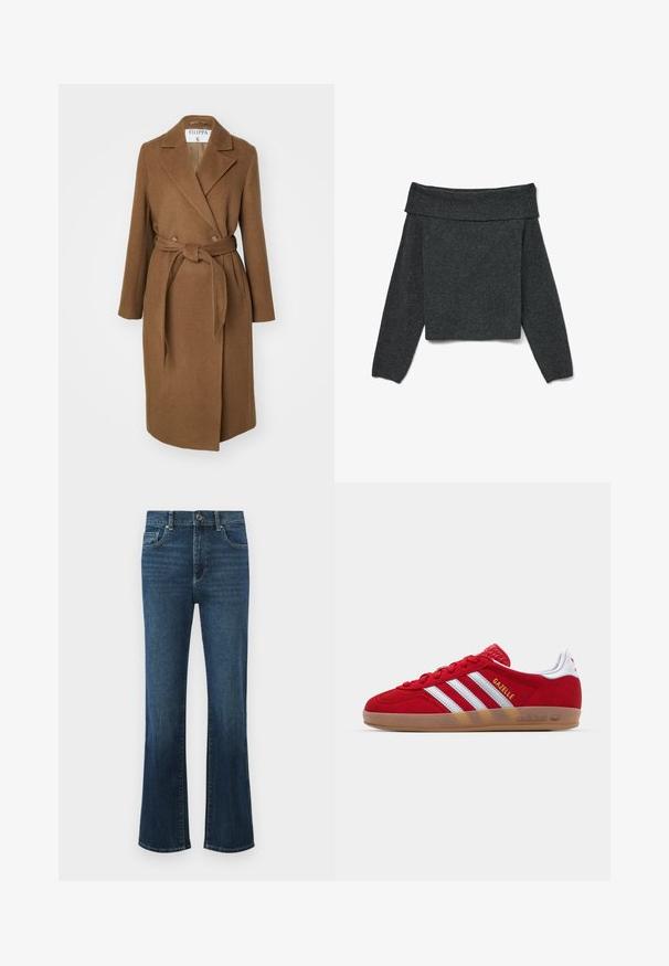 Pruun villa segust katte mantel kahekordse nööbiga disainiga, laiad kraed, vöö talje kohal ja kaks küljetaskut. Sile tekstuur ja kohandatud lõige.; Tumehall off-the-shoulder sviiter pika varrukaga, ribitud kaelusega ja tekstuurse kootud kangaga. Lühendatud disain.; Tumed sinised flared teksad. Omavad viit taskut, nööpkinni ja peent pleekimist jalgade ulatuses. Äärte õmbluste detail on nähtav.; Punane sametist tennisekes, millel on valge kolmestriibuline disain ja kuldne "Gazelle" tekst. Varustatud kummist tallaga ja tekstureeritud kontsaga.