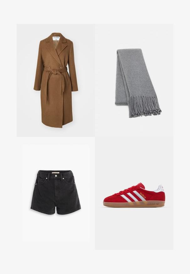 Ruskea villasekoite takki, jossa on kaksirivinen muotoilu, leveät kaulukset, vyö vyötäröllä ja kaksi sivutaskua. Liukas tekstuuri ja istuva malli.; Tummanharmaa olkaimia vapaana oleva neule, jossa on pitkät hihet, clouduvannesuinen kaula-aukko ja teksturoitu neulottu kangas. Lyhennetty malli.; Mustat farkkushortsit korkealla vyötäröllä, joissa on kaksi etutaskua, kaksi takataskua ja hopeanväriset jotenkin. Sileä, hieman haalistunut pinta.; Punainen mokkanahkainen lenkkitossu, jossa on valkoinen kolmiraidallinen kuvio ja kultaiset "Gazelle"-tekstit. Varusteena kuminen pinta ja teksturoitu kanta.; Harmaa villa huivi, jossa on pehmeä tekstuuri, hapsureunat ja yksinkertainen muotoilu. Huivi on taiteltu siististi, mikä korostaa sen pitkää muotoa.