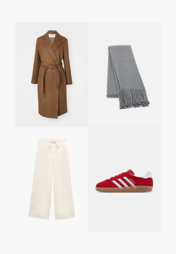 Brauner Wollmischungs-Mantel mit doppelter Knopfleiste, breiten Revers, Gurt in der Taille und zwei seitlichen Taschen. Glatte Textur und taillierter Schnitt.; Dunkelgrauer, schulterfreier Pullover mit langen Ärmeln, geripptem Kragen und strukturiertem Strickstoff. Kürzeres Design.; Weite, cremefarbene Hosen aus leichtem Material, mit einem Kordelzugbund und vorderen Taschen. Glatte Textur, einfaches Design.; Rote Wildleder-Sneaker mit weißem Dreistreifen-Design und goldenem "Gazelle"-Schriftzug. Besitzt eine Gummisohle und eine strukturierte Ferse.; Grau gestrickter Wollschal mit einer weichen Textur, mit fransigen Kanten und einem schlichten Design. Ordentlich gefaltet, wobei seine längliche Form zur Geltung kommt.