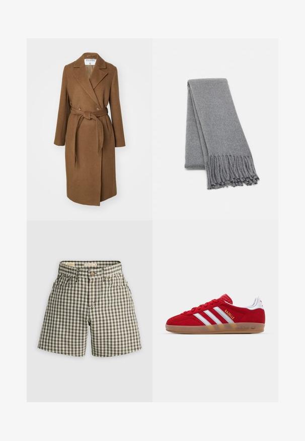 Casaco de mistura de lã castanha com design de dupla face, grandes lapelas, cinto na cintura e dois bolsos laterais. Textura suave e ajuste sob medida.; Sweater escuro cinza, com decote ombro a ombro, mangas longas, gola canelada e tecido de malha texturizada. Design cropped.; Calções checkered castanho e branco com fecho de botão, dois bolsos frontais e um corte descontraído. Feitos de um tecido tecido com uma textura suave.; Sapatilha de camurça vermelha com design de três riscas brancas e texto "Gazelle" em dourado. Apresenta uma sola de borracha e um calcanhar texturizado.; Cachecol cinza de lã com uma textura suave, apresentando bordas com franjas e um design simples. Dobrada de forma organizada, destacando sua forma alongada.