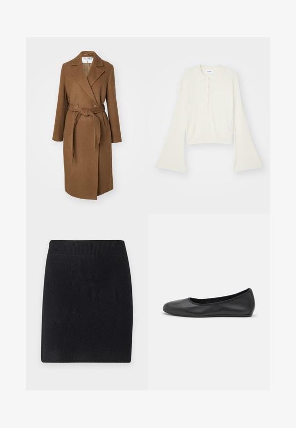 Brązowy płaszcz z mieszanki wełny o podwójnym zapięciu, szerokich klapach, pasku w talii i dwóch bocznych kieszeniach. Gładka tekstura i dopasowany krój.; Prążkowana, kremowa koszulka polo z długimi, rozszerzającymi się rękawami i zapięciem na pięć guzików. Posiada kołnierz o miękkiej fakturze.; Czarna dzianinowa spódnica o prostym kroju. Posiada szeroki, prążkowany pas i teksturowane wykończenie, idealna na codzienne noszenie.; Czarne skórzane baletki z zaokrąglonym noskiem, gładką fakturą, minimalnymi przeszyciami i elastycznym designem podeszwy.